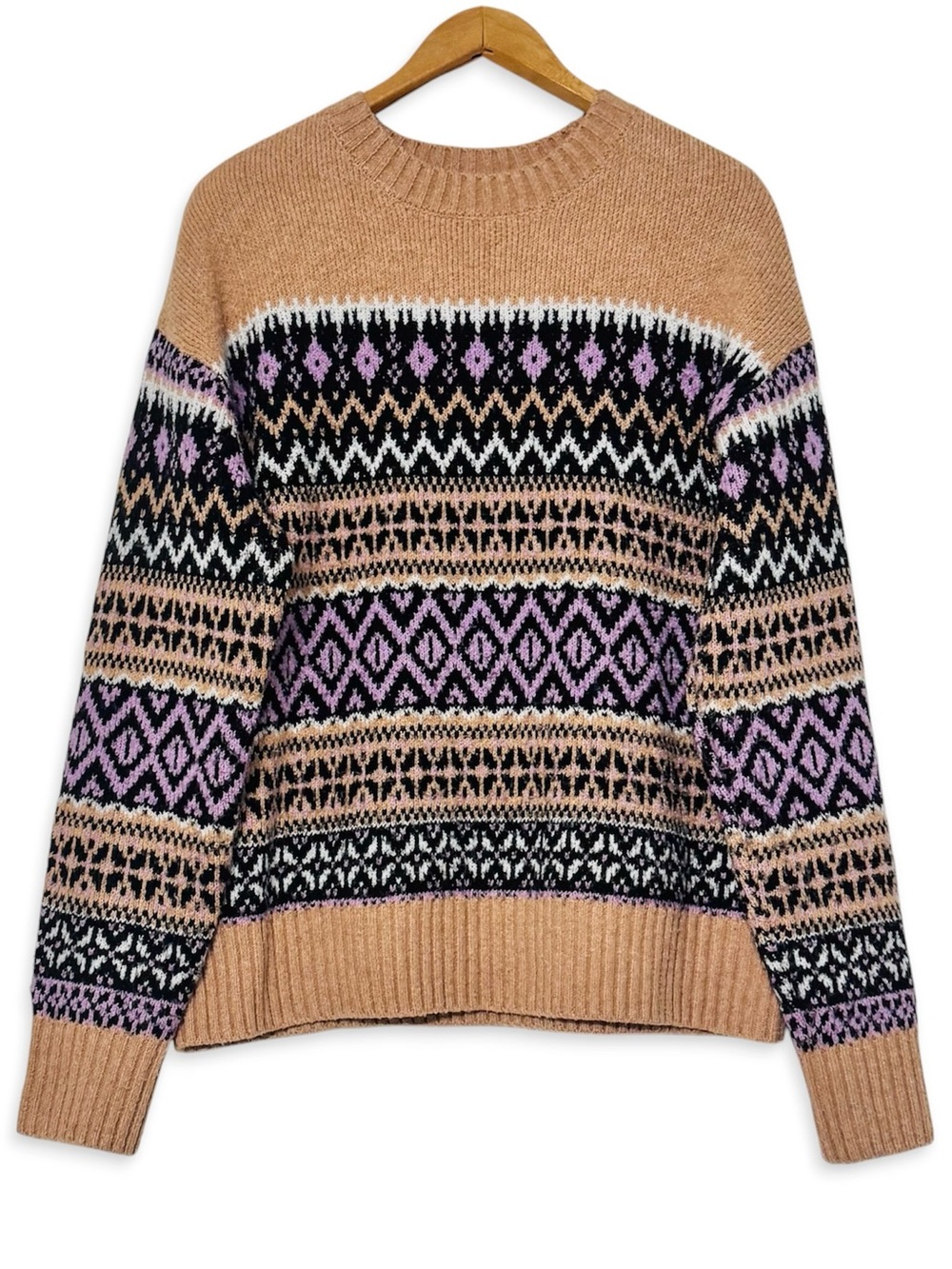 Time and Tru Fair Isle Cozy Sweater Tan Purple